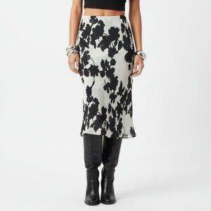 Ice 100% Silk Ivory & Black Floral Print Knee Length Chiffon Skirt PS